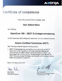 Certificate of competence - OpenCom 100 - Applikationen - Aastra Certified Technician(ACT)